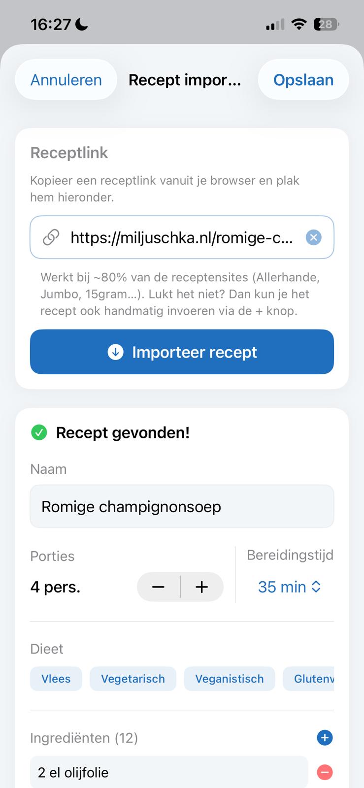 Recept importeren via link